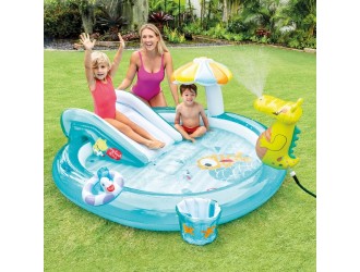 Centru de joaca gonflabil Intex "Crocodil", Topogan si Mini-piscina cu umbrar, 201 x 170 x 84 cm, 2 ani+