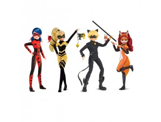 Set 4 papusi Miraculous Queen Bee, Ladybug, Cat Noir si Rena Rouge