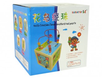 Cub educational din lemn cu labirint, abac, sorter