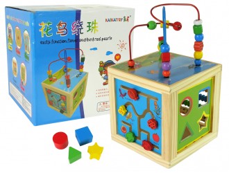 Cub educational din lemn cu labirint, abac, sorter