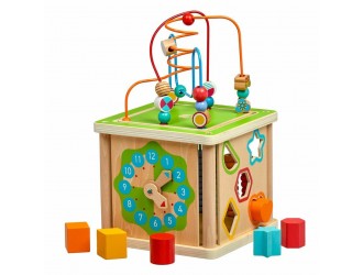 Cub educativ din lemn 5in1 cu Ceas, Sorter, LabirINT si Abac Lucy & Leo