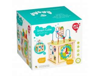 Cub educativ din lemn 5in1 cu Ceas, Sorter, LabirINT si Abac Lucy & Leo
