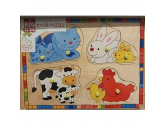 Puzzle din lemn animale cu pui 2 tipuri domestice/salbatice 30x22cm Big Tree