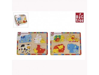 Puzzle din lemn animale cu pui 2 tipuri domestice/salbatice 30x22cm Big Tree