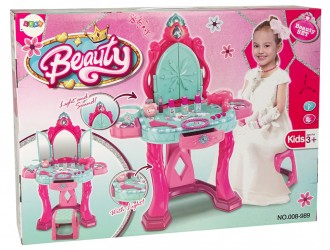 Set de frumusete Oglinda cu scaun si accesorii cu sunete si lumini roz