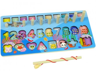 Set educativ din lemn 5 in 1 Numaratoare, Forme, Pescuit, Cifre, Matematica