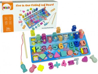 Set educativ din lemn 5 in 1 Numaratoare, Forme, Pescuit, Cifre, Matematica