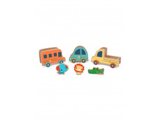 Set 3 masinute + 3 animale din lemn Fisher-Price