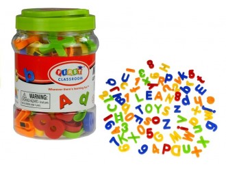 Set litere si cifre magnetice multicolore in borcan 78 elemente