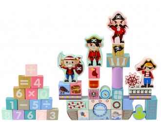 Set blocuri din lemn si puzzle Corabia piratilor 46 el.