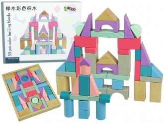 Set Castel blocuri din lemn pastelate diverse forme 55 el