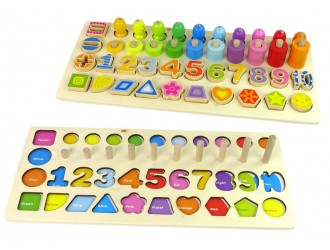 Set placa din lemn 4in1, cifre, numaratoare, figuri geometrice, pescuit