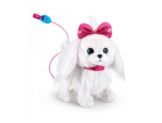 Jucarie interactiva cu sunete Catelusa alba cu fundita roz si lesa Pets Alive Zuru