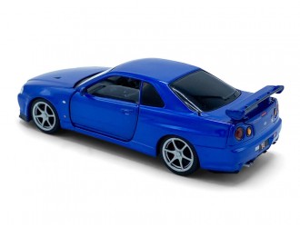 Macheta auto Nissan GT-R34 V-Spec II, 1:32, Blue / RHD mecanism pull-back, lumini si sunet