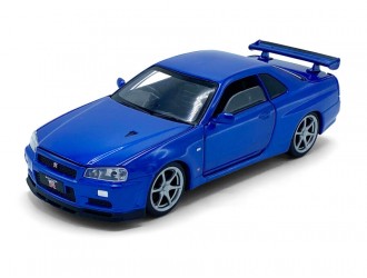 Macheta auto Nissan GT-R34 V-Spec II, 1:32, Blue / RHD mecanism pull-back, lumini si sunet