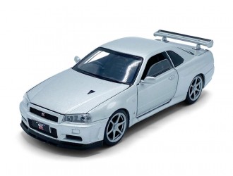 Macheta auto Nissan GT-R34 V-Spec II, 1:32, Silver / RHD mecanism pull-back, lumini si sunet