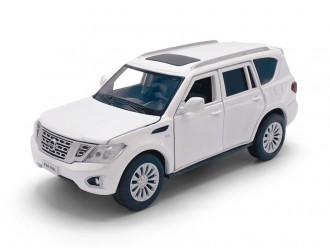 Macheta auto Nissan Patrol Y62, 1:32, White mecanism pull-back, lumini si sunet