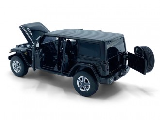 Macheta auto Jeep Wrangler Sahara, 1:32, Black directie activa roti fata, suspensii, lumini si sunet