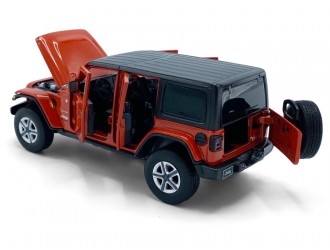 Macheta auto Jeep Wrangler Sahara, 1:32, Orange directie activa roti fata, suspensii, lumini si sunet