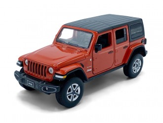Macheta auto Jeep Wrangler Sahara, 1:32, Orange directie activa roti fata, suspensii, lumini si sunet