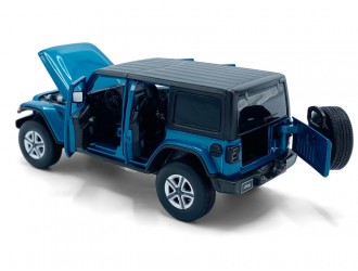 Macheta auto Jeep Wrangler Sahara, 1:32, Blue directie activa roti fata, suspensii, lumini si sunet