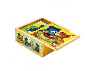 Set 9 cuburi puzzle din lemn pentru copii, 6 imagini, Ursul Baribal