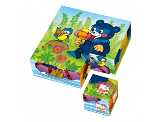 Set 9 cuburi puzzle din lemn pentru copii, 6 imagini, Ursul Baribal