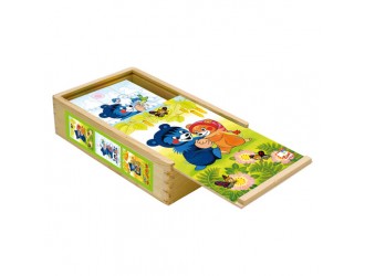 Set 15 cuburi puzzle din lemn pentru copii, 6 imagini, Ursul Baribal