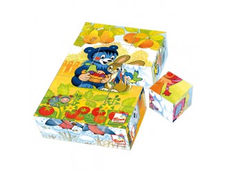 Set 15 cuburi puzzle din lemn pentru copii, 6 imagini, Ursul Baribal