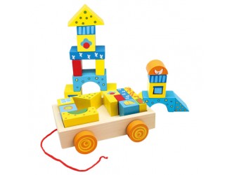 Carucior din lemn cu sfoara si cuburi de construit, 19 piese