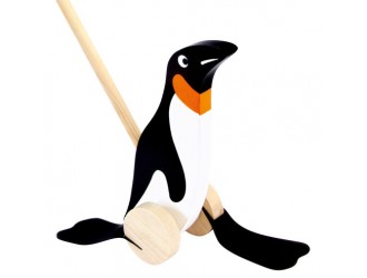 Jucarie de impins din lemn Pinguin