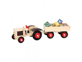 Jucarie Tractor din lemn cu remorca si cuburi ABC 17 piese