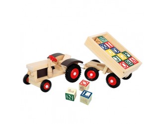 Jucarie Tractor din lemn cu remorca si cuburi ABC 17 piese