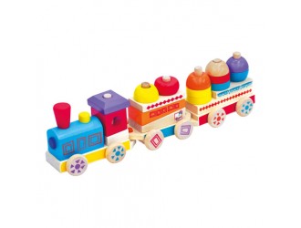 Tren din lemn multicolor cu vagoane, Maxi, 21 piese