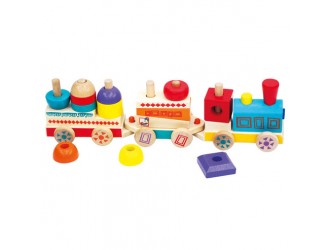 Tren din lemn multicolor cu vagoane, Maxi, 21 piese