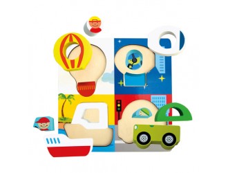 Puzzle educativ din lemn, Trafic, 18x18x1,5 cm, 13 piese