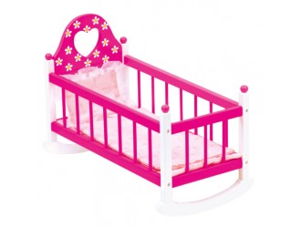 Patuc-Leagan pentru papusi din lemn, roz-alb, cu lenjerie de pat 57 x 29 x 26 cm