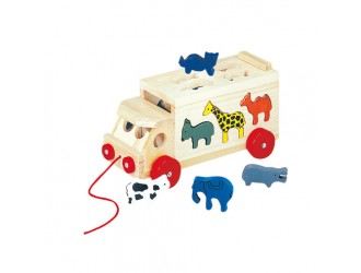 Jucarie cu sfoara camion-sortator din lemn cu figurine animale