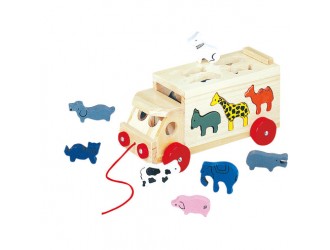 Jucarie cu sfoara camion-sortator din lemn cu figurine animale
