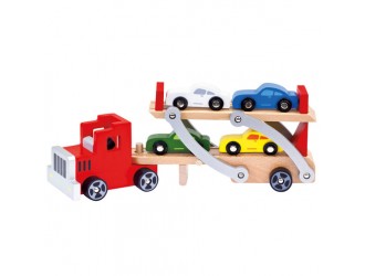 Camion autotransporter din lemn cu 4 masinute