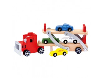 Camion autotransporter din lemn cu 4 masinute