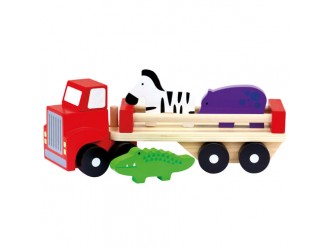 Camion din lemn cu remorca si 4 figurine animale