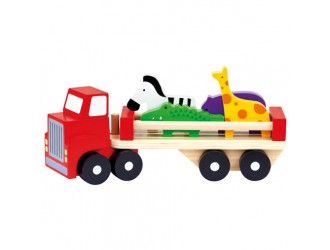 Camion din lemn cu remorca si 4 figurine animale