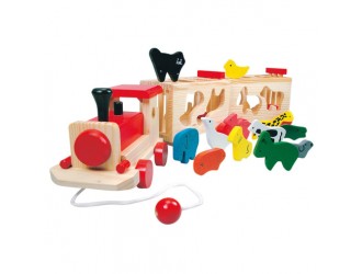Tren-Sortator Zoo cu sfoara si figurine animale, 14 piese, 55x12x12 cm