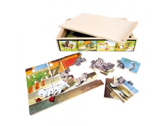Puzzle din lemn in cutie, 4 imagini Animale, 48 piese