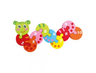 Puzzle din lemn cu numere, Omida colorata, 10 piese, 14x26x14 cm