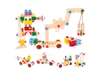 Set de constructie cu blocuri din lemn suruburi din plastic Markury120 elemente