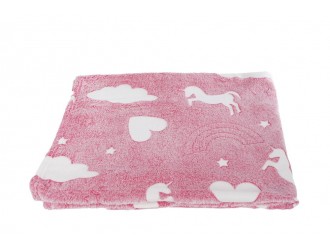 Paturica roz Unicorn cu elemente fosforescente 100x150cm