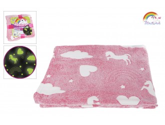 Paturica roz Unicorn cu elemente fosforescente 100x150cm