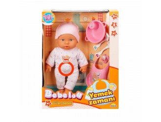  Papusa bebelus 35 cm Bebelou, Dollz n More, Lunch Time, cu sunete si accesorii, 2 tipuri roz/albastru